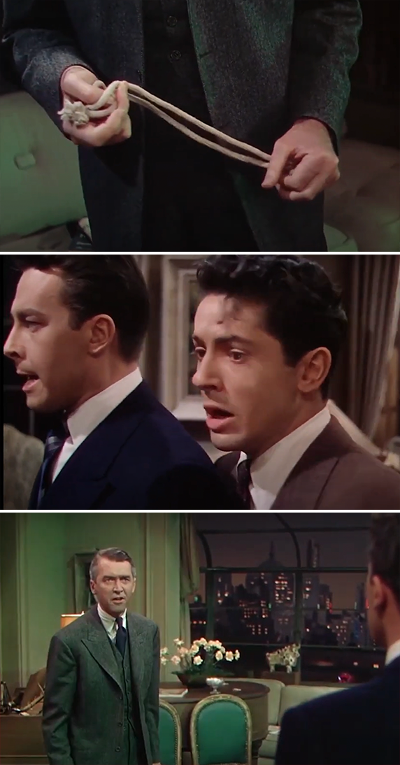 Scene from the movie &quot;Rope&quot; showing close-ups of characters played by John Dall, Farley Granger, and James Stewart during a tense moment