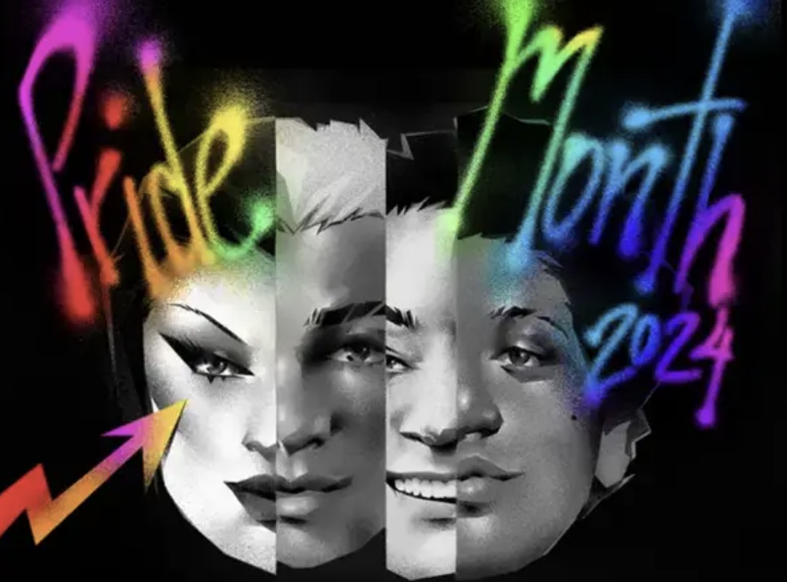 Graffiti art displaying &quot;Pride Month 2024&quot; with stylized, colorful text. Three grayscale faces are shown beneath the text