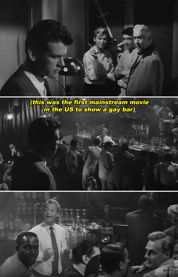 Scenes from a classic black-and-white film set in a gay bar, described as the first mainstream US movie to depict such a setting