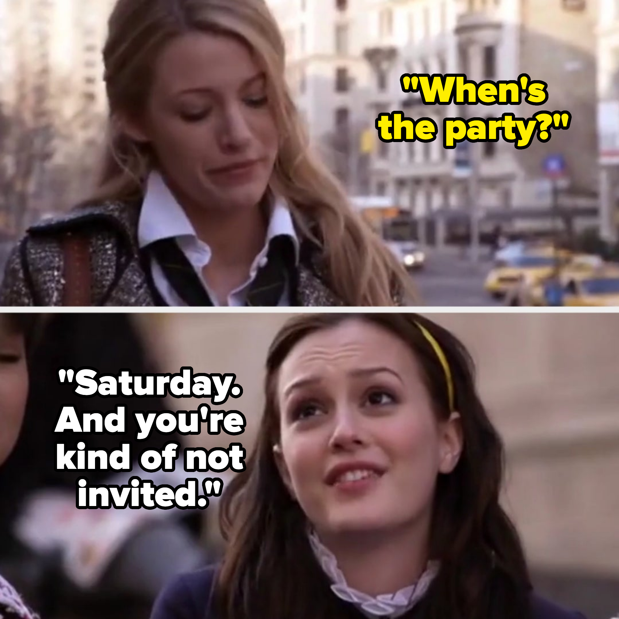 Blake Lively and Leighton Meester in a scene from &quot;Gossip Girl.&quot; Lively is looking down, and Meester is talking, with city buildings in the background