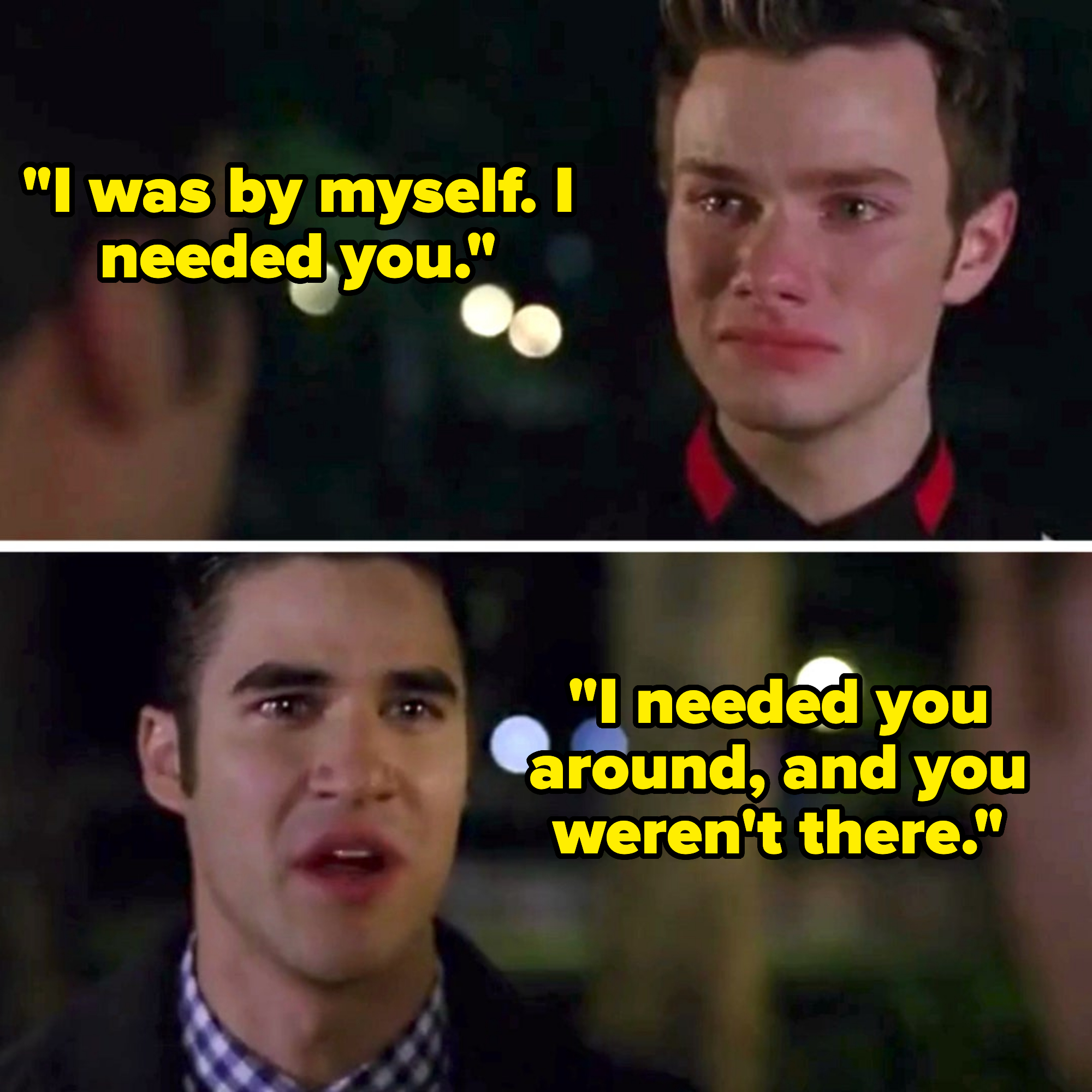 Chris Colfer and Darren Criss appear emotional in a tense, nighttime outdoor scene. Colfer has tears in his eyes, while Criss speaks with a distressed expression