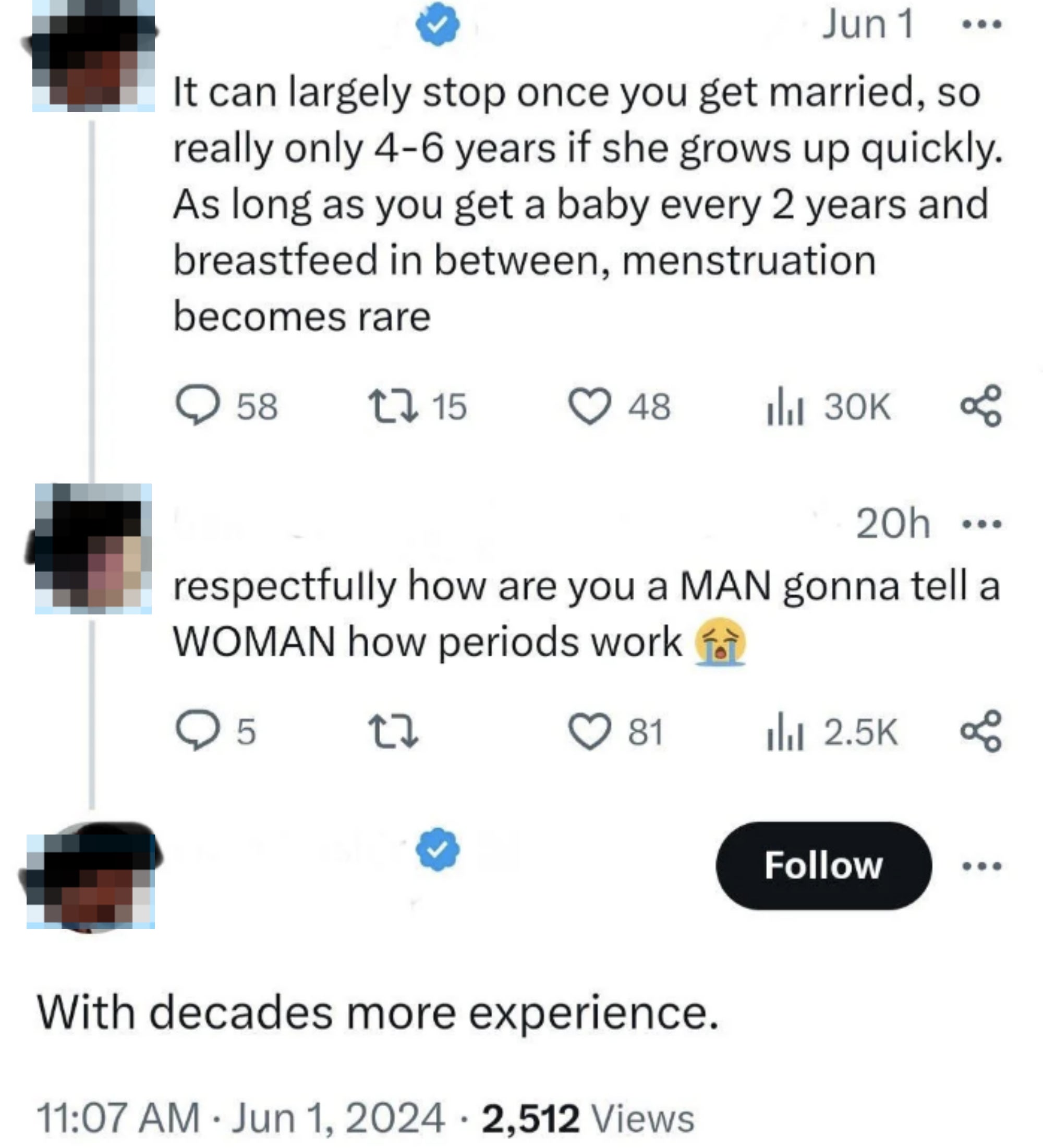Conversation on Twitter about menstruation, with one user stating it stops after having a baby. Another user questions how a man can tell a woman about periods