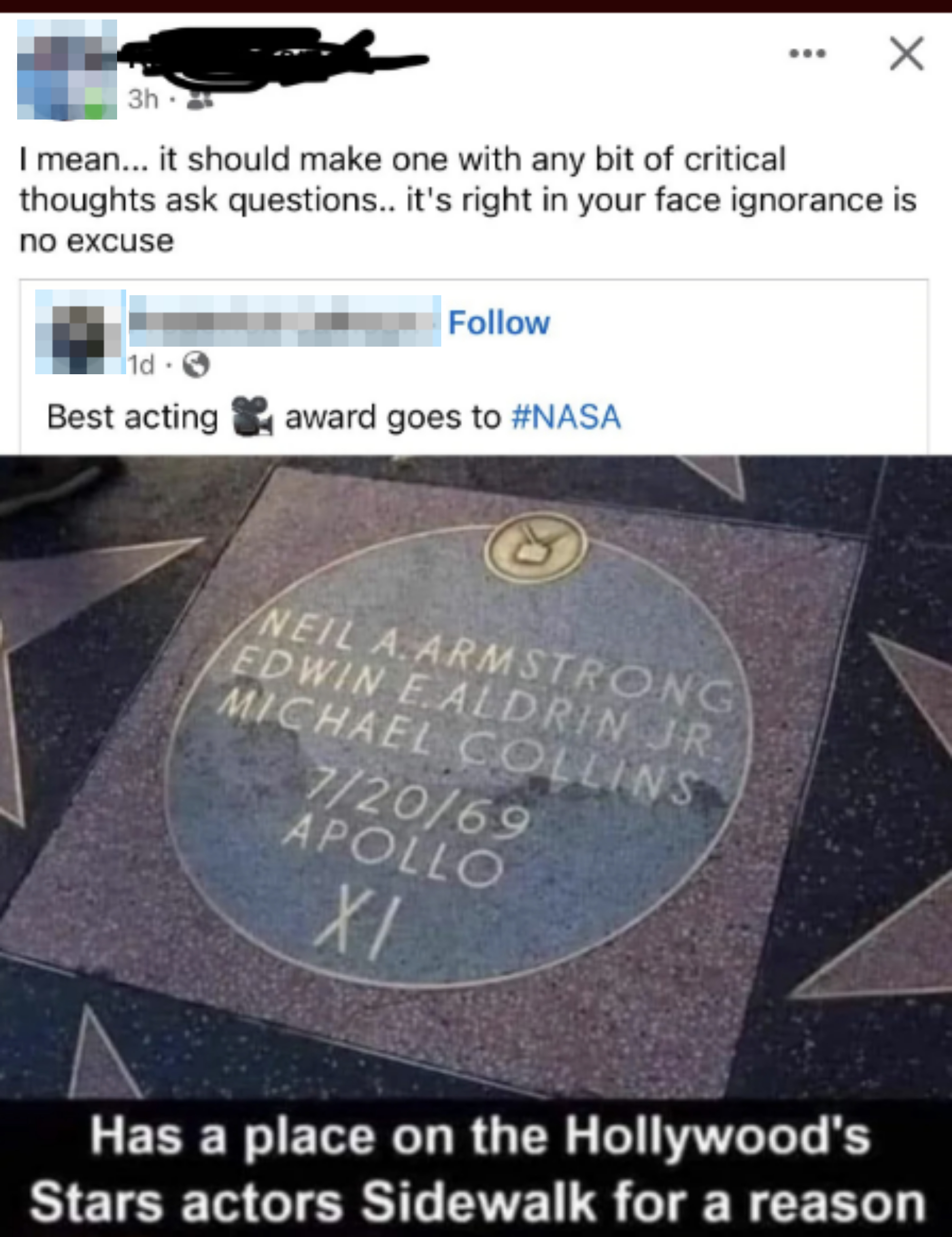 A Facebook post showing Neil A. Armstrong, Edwin E. Aldrin Jr., and Michael Collins&#x27; star on the Hollywood Walk of Fame with a caption praising NASA