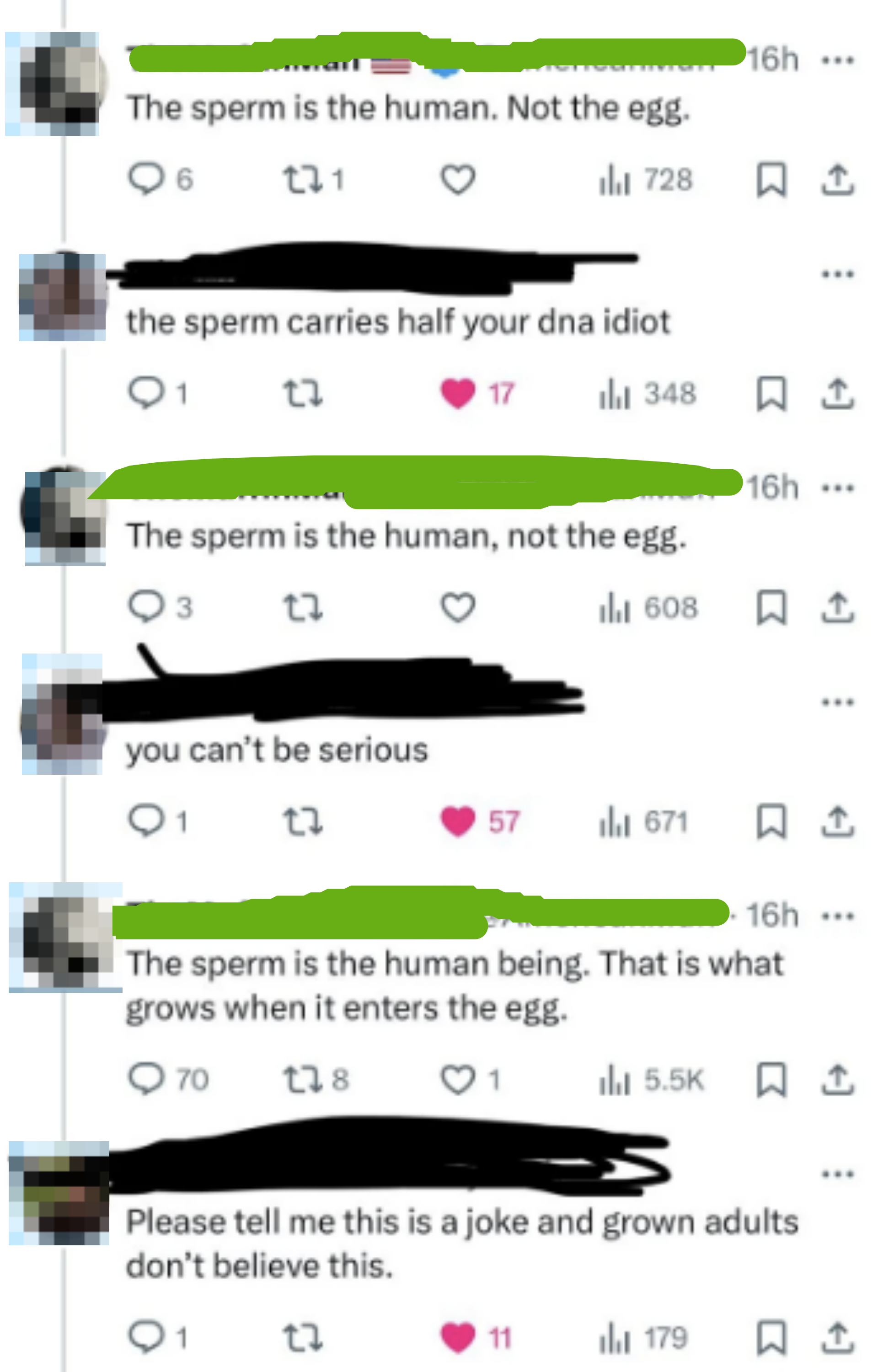 A Twitter thread discussing whether the sperm or the egg carries human DNA, with varying opinions and reactions