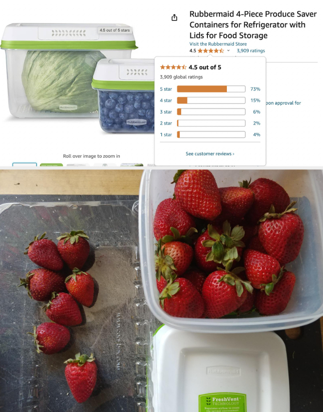 Top: The amazon listing showing the 4.5-star rating, with most reviews 5 stars. Bottom: a reviewer&#x27;s strawberries: in the store container looking withered, and in the produce container looking day-one fresh