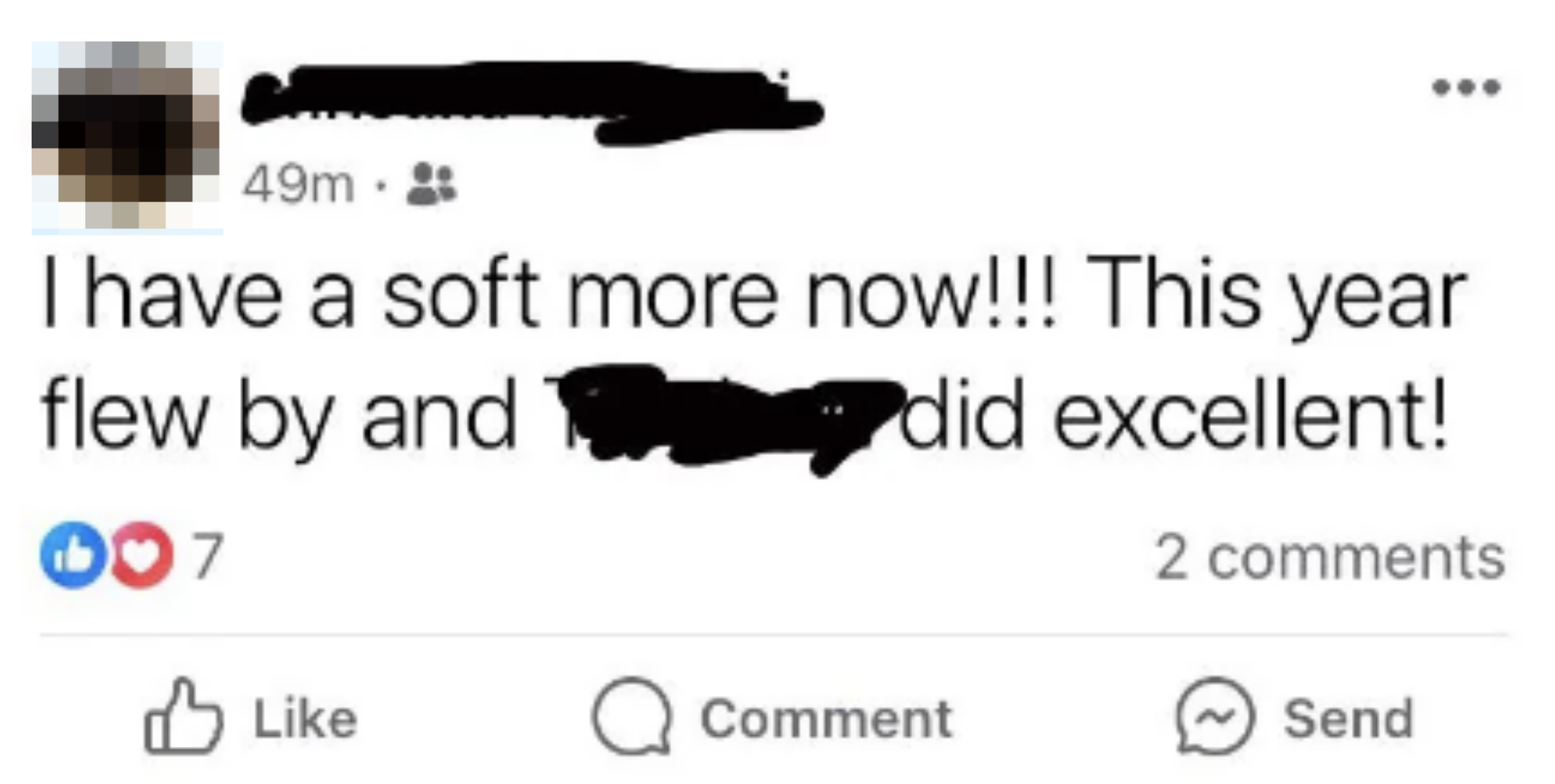 A Facebook post from 49 minutes ago reads: &quot;I have a sophomore now!!! This year flew by and [Name] did excellent!&quot; The post has 2 comments