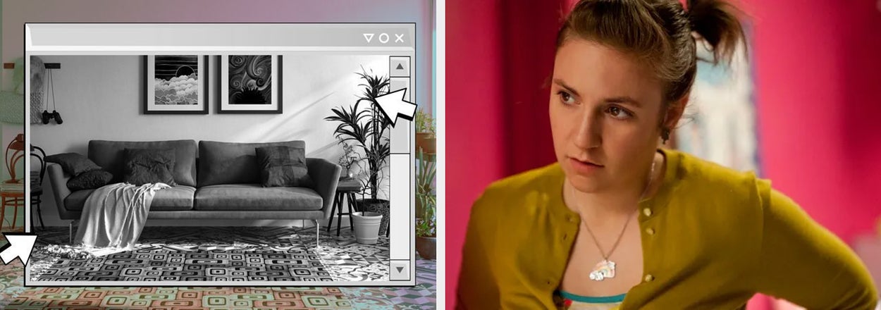 A split image: Left shows a stylish living room with a sofa, plant, and art. Right shows a woman, Lena Dunham, in a yellow top, looking to the side