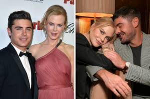 Zac Efron and Nicole Kidman are featured in two images: one on a red carpet event with Zac in a tuxedo and Nicole in an elegant dress, and another in a cozy setting