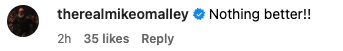 Instagram comment by therealmikeomalley with a verified checkmark saying, &quot;Nothing better!!&quot; The comment has 35 likes and was posted 2 hours ago