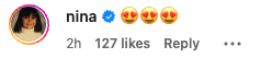 Instagram comment from user Nina with a verified badge, featuring an emoji of three heart eyes. The comment was posted 2 hours ago and has 127 likes