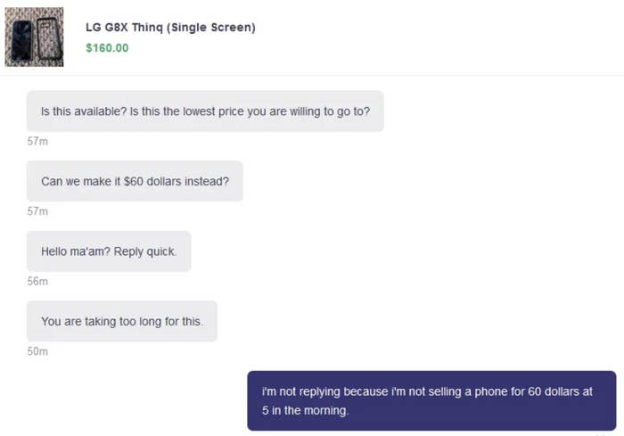 Online exchange: Buyer questions price of LG G8X ThinQ, proposes $60. Seller replies early morning, declines offer humorously
