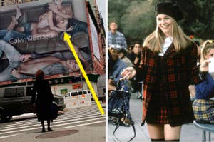 A person stands on a city street looking at a large Calvin Klein Jeans billboard. Adjacent, Alicia Silverstone in a plaid outfit, seen smiling from a scene in "Clueless."