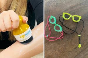 Person applies sunscreen with Solar Buddies applicator; right, kids' sunglasses with neon straps are displayed on a table