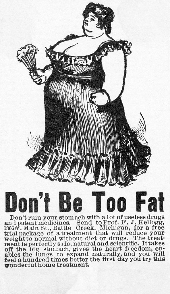 Vintage advertisement of a weight loss treatment with an illustration of a plus-sized woman holding a fan. Text warns against so-called useless drugs and promotes natural remedies