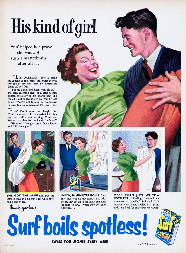 A vintage advertisement featuring a woman doing laundry with Surf detergent. A man is embracing her from behind as text praises the detergent&#x27;s effectiveness