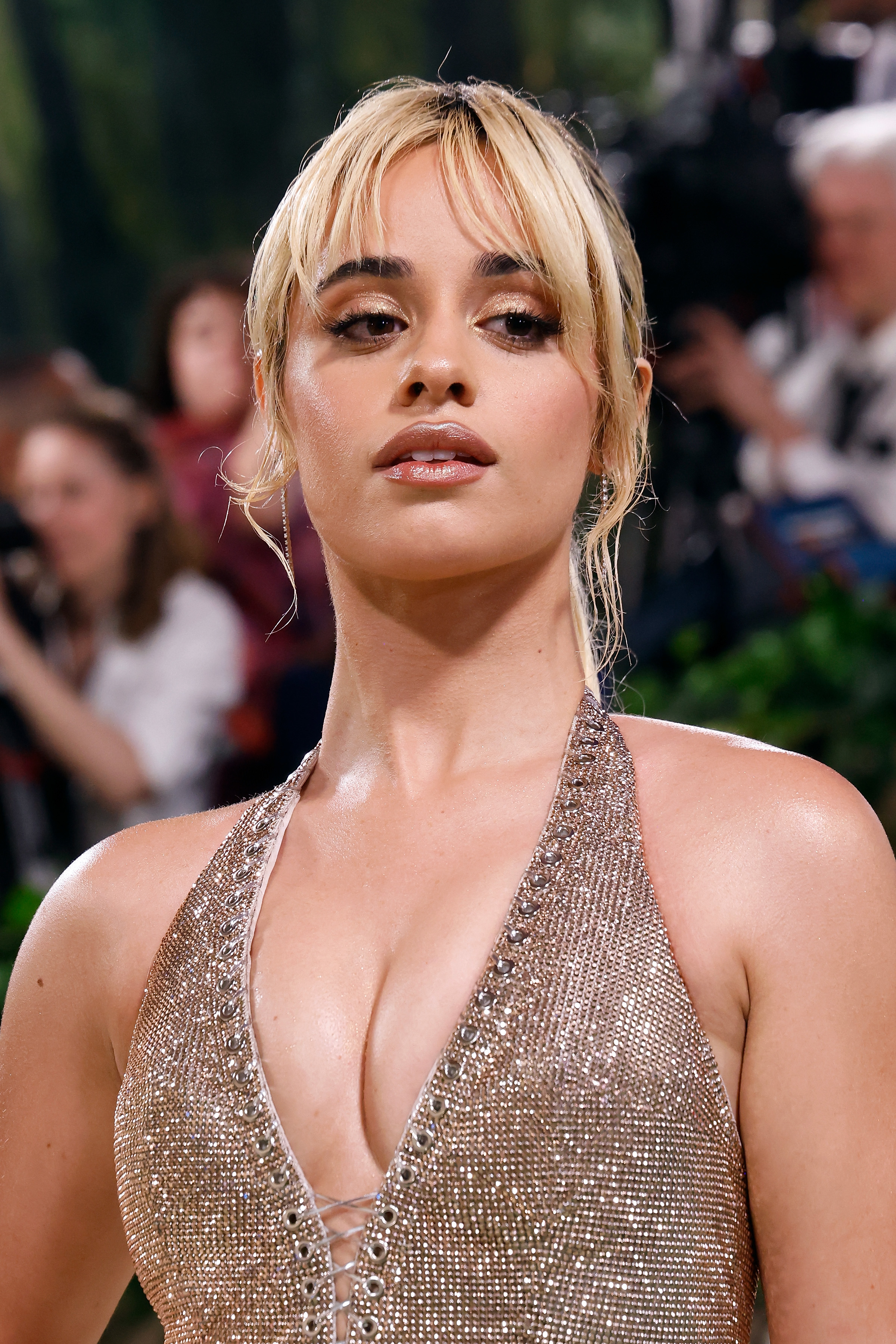 Camila Cabello wears a shimmering, deep V-neck gown with intricate detailing on the red carpet at a high-profile event