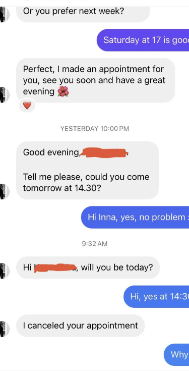 Text conversation of a person scheduling and canceling an appointment, mentioning times and discussing availability