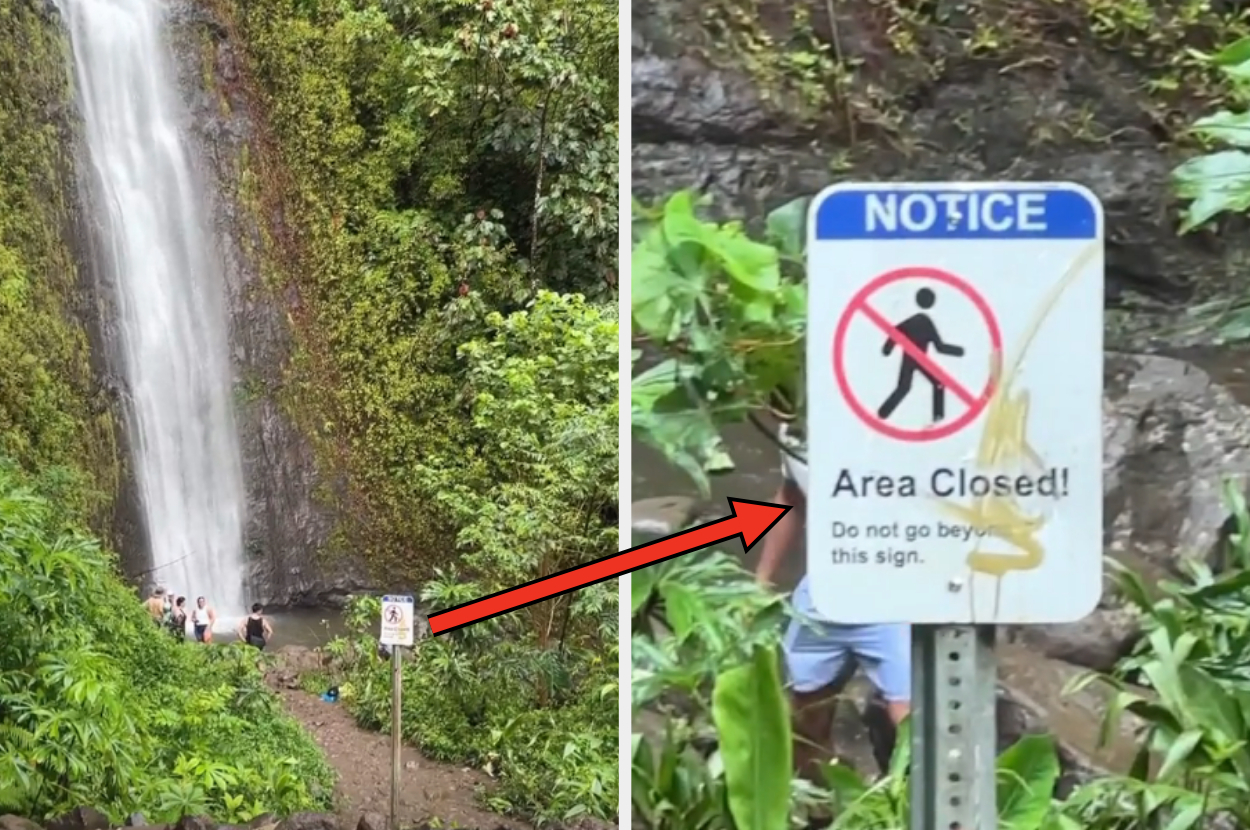People standing near a waterfall beside a sign that says &quot;NOTICE: Area Closed! Do not go beyond this sign.&quot; An arrow points from the sign to the people