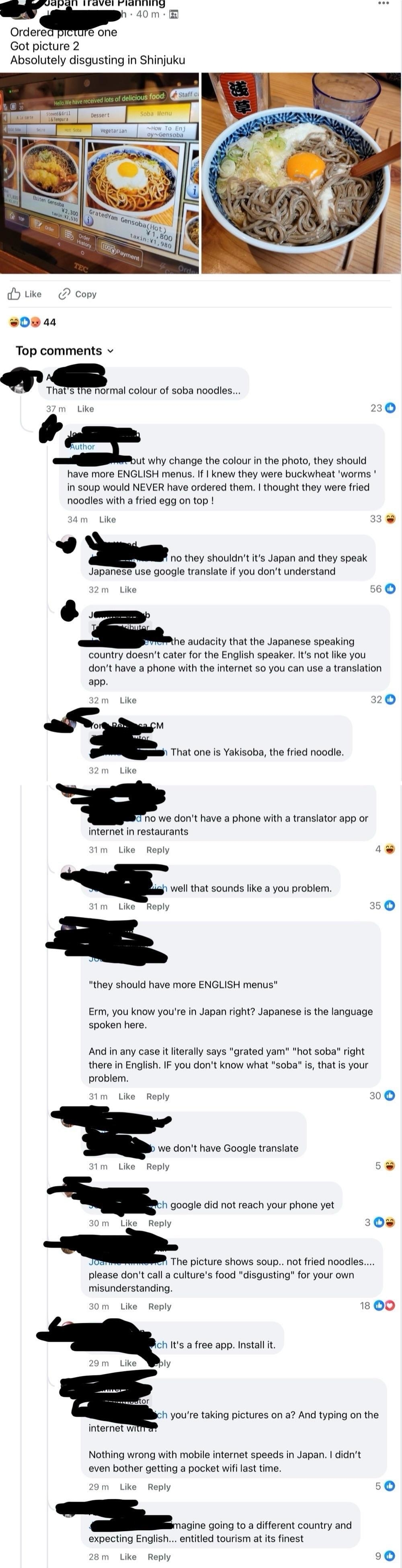 Facebook post showing a food photo and comments about ordering bad food in Tokyo. Arguments ensue about language barriers and translation apps
