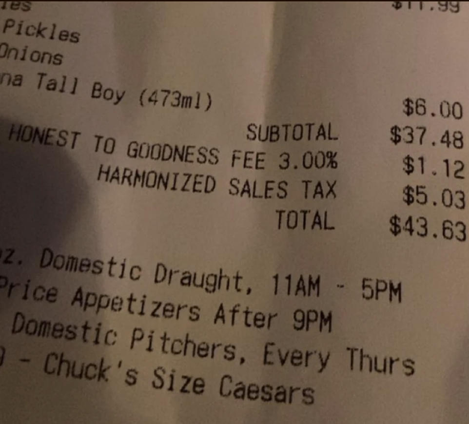 Receipt totaling $43.63 shows food, drink items, and additional fees. Includes promotional hours for discounted appetizers and drinks