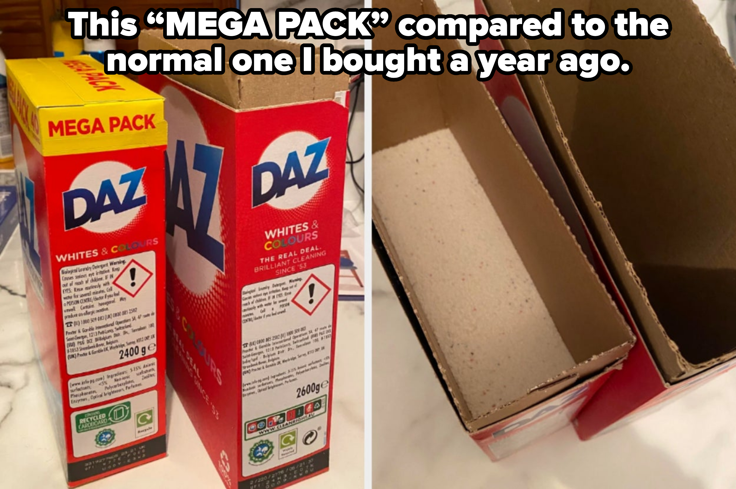 Mega pack of Daz detergent on left is mostly empty when opened, shown with an identical opened box on the right that&#x27;s also mostly empty