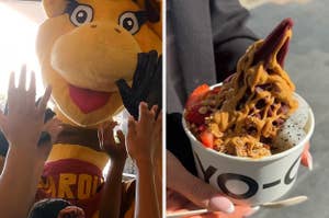 Image split: Left side, a mascot in a costume greeting a crowd with raised hands. Right side, a hand holding a yogurt cup with fruit, granola, and a swirl of frozen yogurt