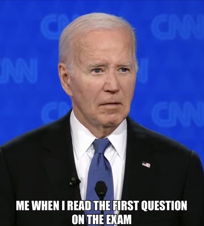 Joe Biden looking confused with text below reading: &quot;Me when I read the first question on the exam.&quot; Background shows CNN logos