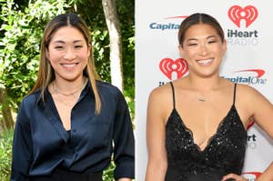 Jenna Ushkowitz smiling in two side-by-side photos: one outdoor in casual attire, the other at an iHeartRadio event in a black lace dress with a necklace