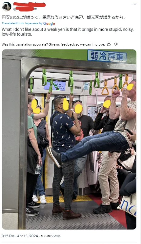 A social media post shows a crowded train with people standing and holding onto straps. The translated text criticizes the weak yen for bringing noisy, low-life tourists