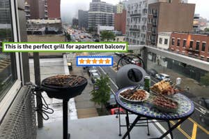 A reviewer shows the same grill on their apartment balcony, which has a tiny seating area