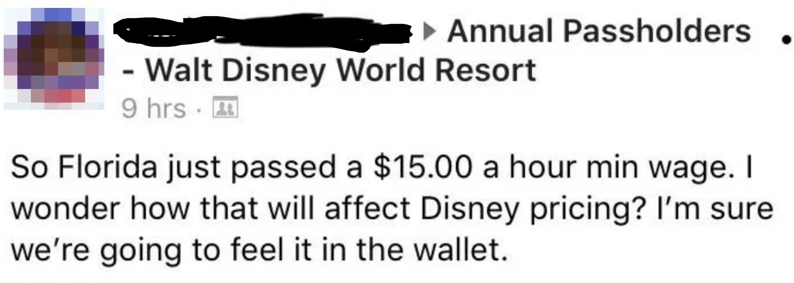 A Facebook post from Tami discussing Florida&#x27;s new $15 minimum wage and speculating on its impact on Disney pricing
