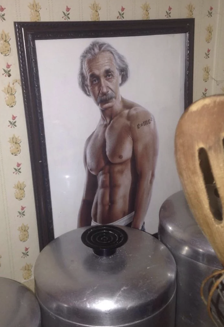 Painting of a muscular, shirtless older man with gray hair and a mustache, posing with a tattoo on his arm, surrounded by kitchen canisters