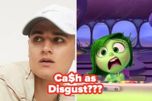 Two side-by-side images: left, a person wearing a white cap; right, animated character Disgust from "Inside Out" with text "Ca$h as Disgust???" below