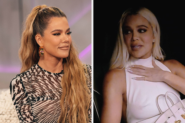 Khloé Kardashian on the left in a patterned top, and on the right in a white dress holding a bag