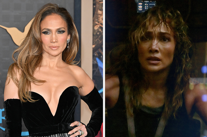 Jennifer Lopez in a glamorous black evening gown on the left; on the right, Jennifer looks distressed in a dark, disheveled outfit from a movie scene