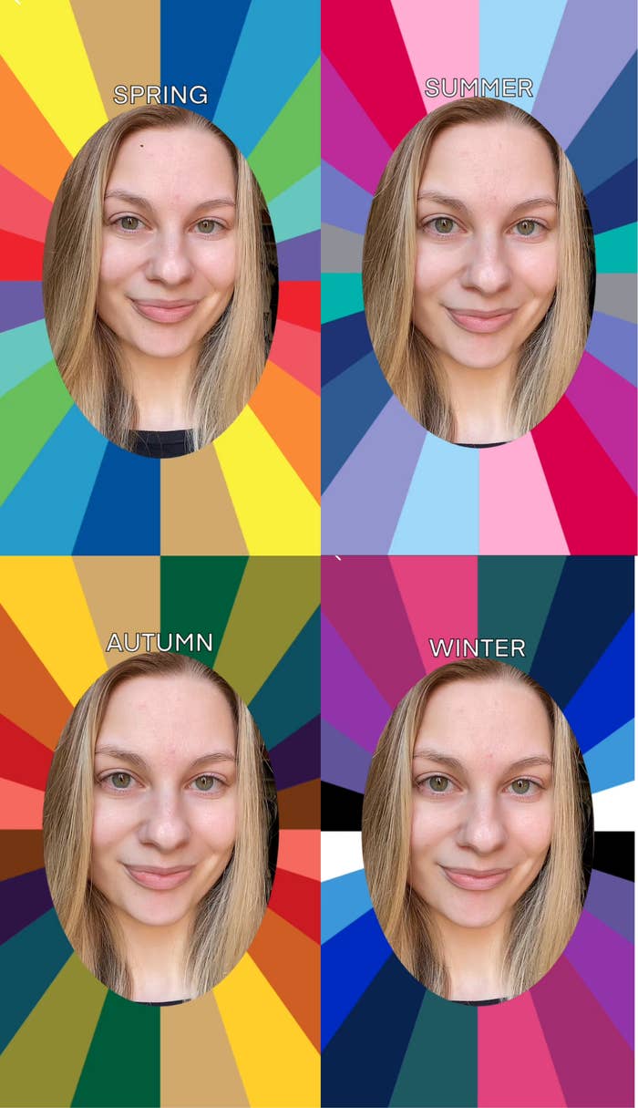 A woman is pictured with different colored backgrounds labeled as &quot;Spring,&quot; &quot;Summer,&quot; &quot;Autumn,&quot; and &quot;Winter&quot; to demonstrate changes in seasonal color palettes. She wears a neutral expression