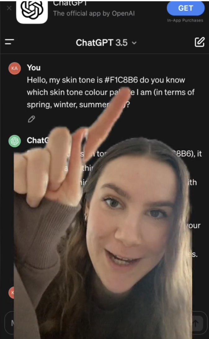A woman is discussing skin tone palettes on a Zoom-like call. Text on screen reads: &quot;Hello, my skin tone is #F1C8B6. Do you know which skin tone colour palette I am (spring, winter, summer)?&quot;