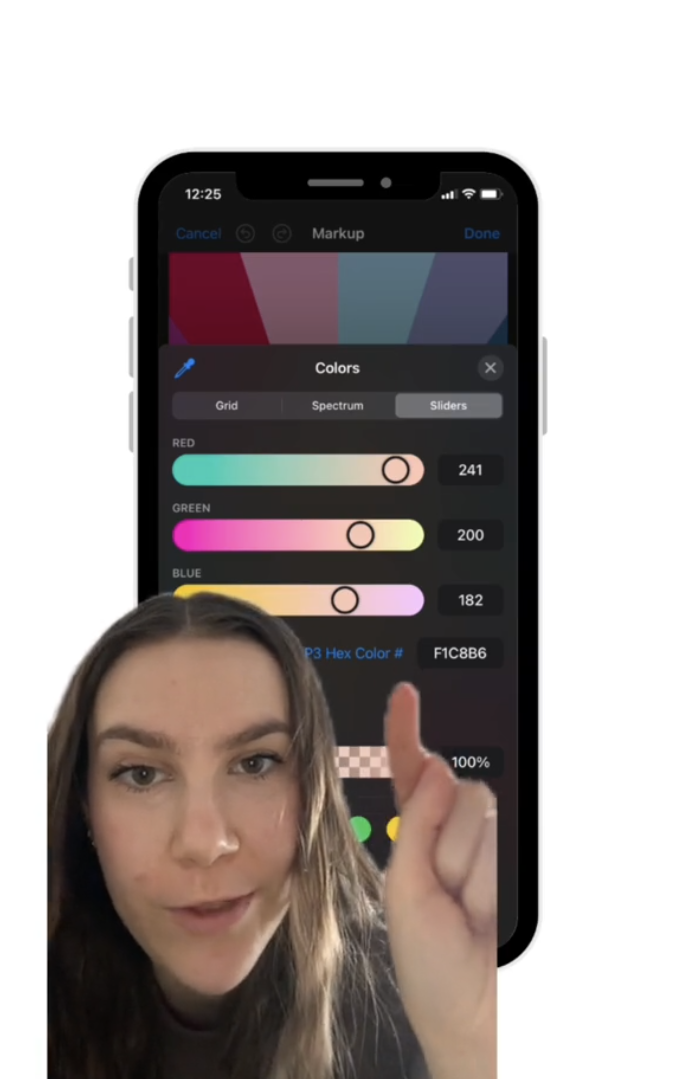 Woman demonstrating color selection on a smartphone, showing RGB and hex color values on the screen