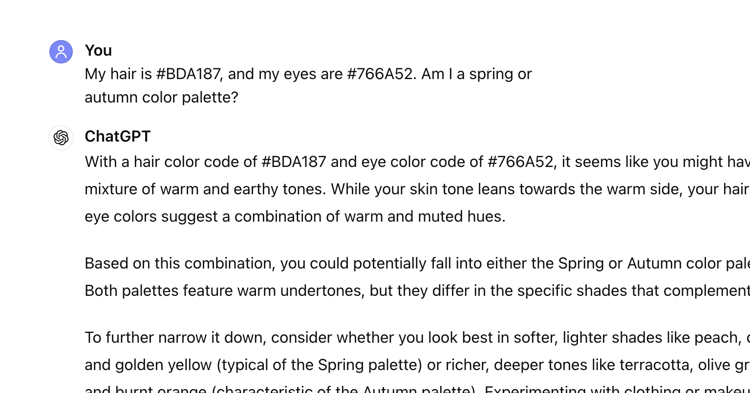 Screenshot of a ChatGPT conversation discussing hair and eye color compatibility with Spring and Autumn color palettes
