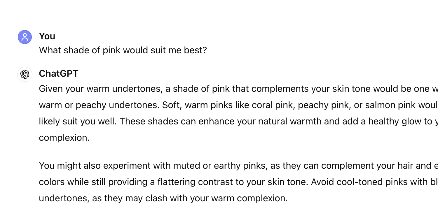 Screenshot of a conversation between a user and ChatGPT discussing which shades of pink suit warm undertones, with the AI suggesting colors like peach, coral, and golden yellow