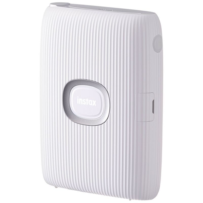 A Fujifilm Instax mini Link Portable Photo Printer with a white ribbed exterior, designed for printing photos directly from your smartphone