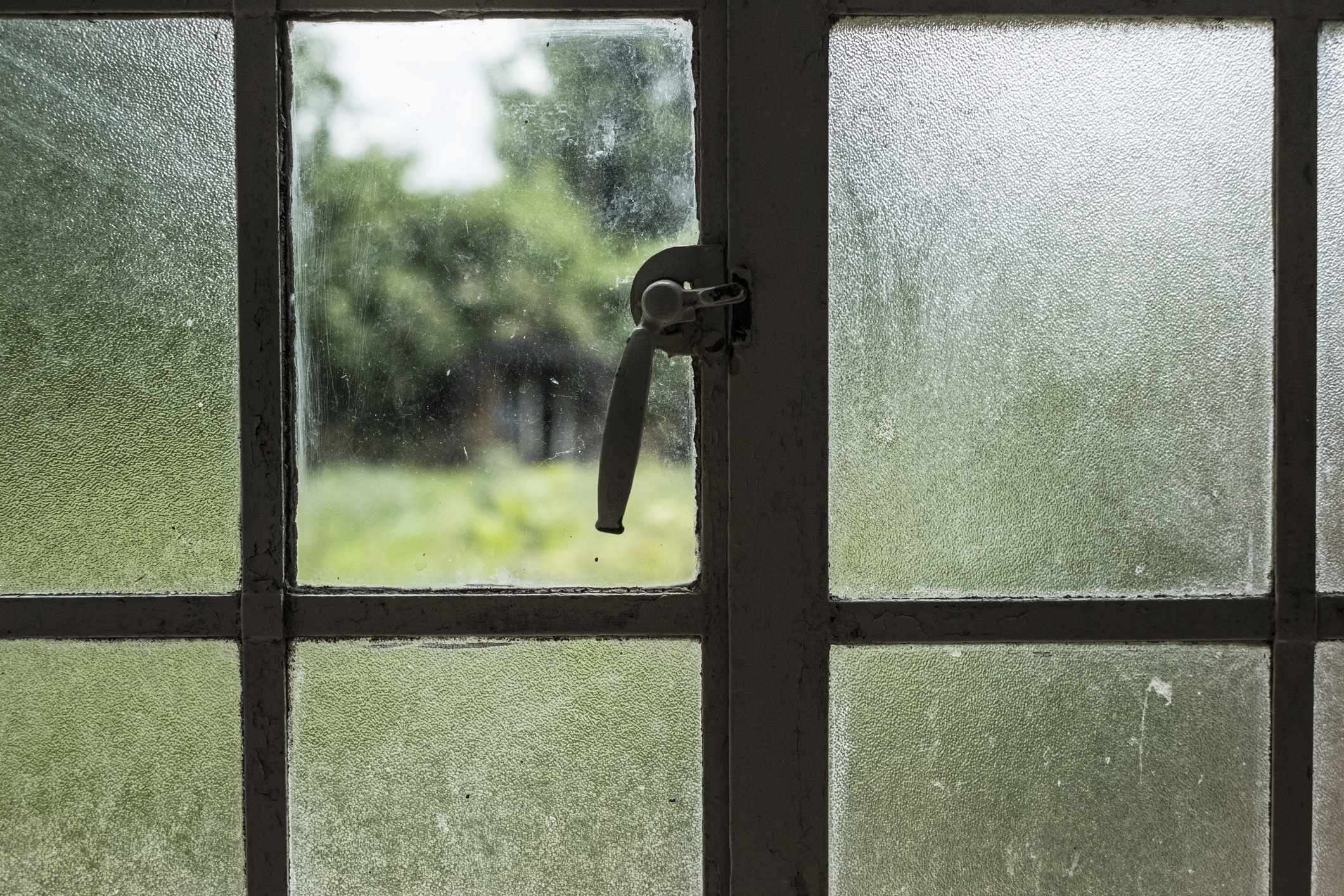 A slightly fogged window looking out onto a blurry, green landscape with a visible window handle in the center