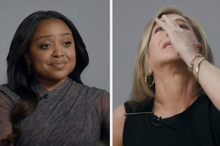 Quinta Brunson and Jennifer Aniston are seated and visibly emotional while giving an interview