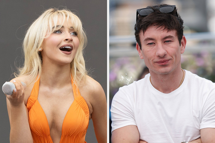 Sabrina Carpenter singing holding a microphone, wearing a deep V-neck orange dress. Barry Keoghan smiling, wearing a white t-shirt with sunglasses on his head