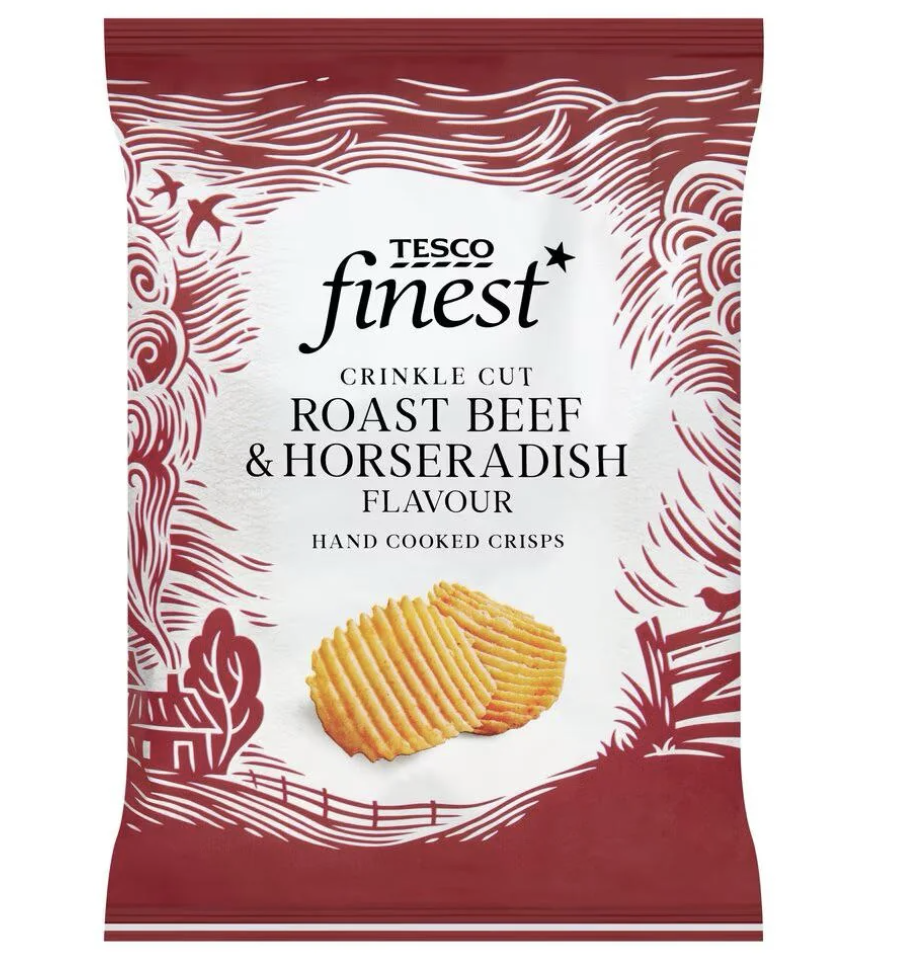 Bag of Tesco Finest Crinkle Cut Roast Beef &amp;amp; Horseradish Flavour Hand Cooked Crisps showing two crisps outside the bag and decorative illustrations