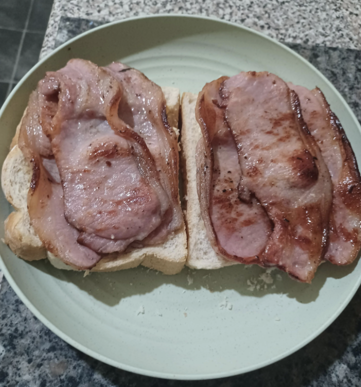 Two slices of bread topped with cooked bacon placed on a green plate, on a speckled countertop