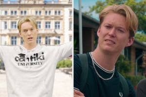 Photo of Bryn Chapman Parish. Left: Bryn Chapman Parish wearing a white hoodie with "Contiki University" printed on it. Right: Bryn Chapman Parish in a dark shirt with a chain necklace