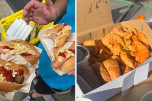 Two images of food: The left image shows someone holding hot dogs topped with mustard, mayonnaise, and ketchup. The right image shows a box of fried chicken and bread rolls