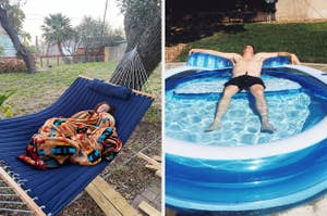 Two images: Left shows two dogs on a striped pet bed, right shows a person relaxing on a floating pool ring