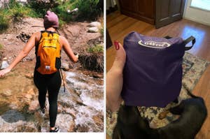 left: reviewer photo wearing an orange daypack, crossing a river. right: reviewer photo of pink sling bag on a bed